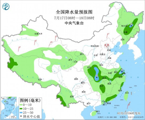 全国降水量预报图(7月17日08时-18日08时)